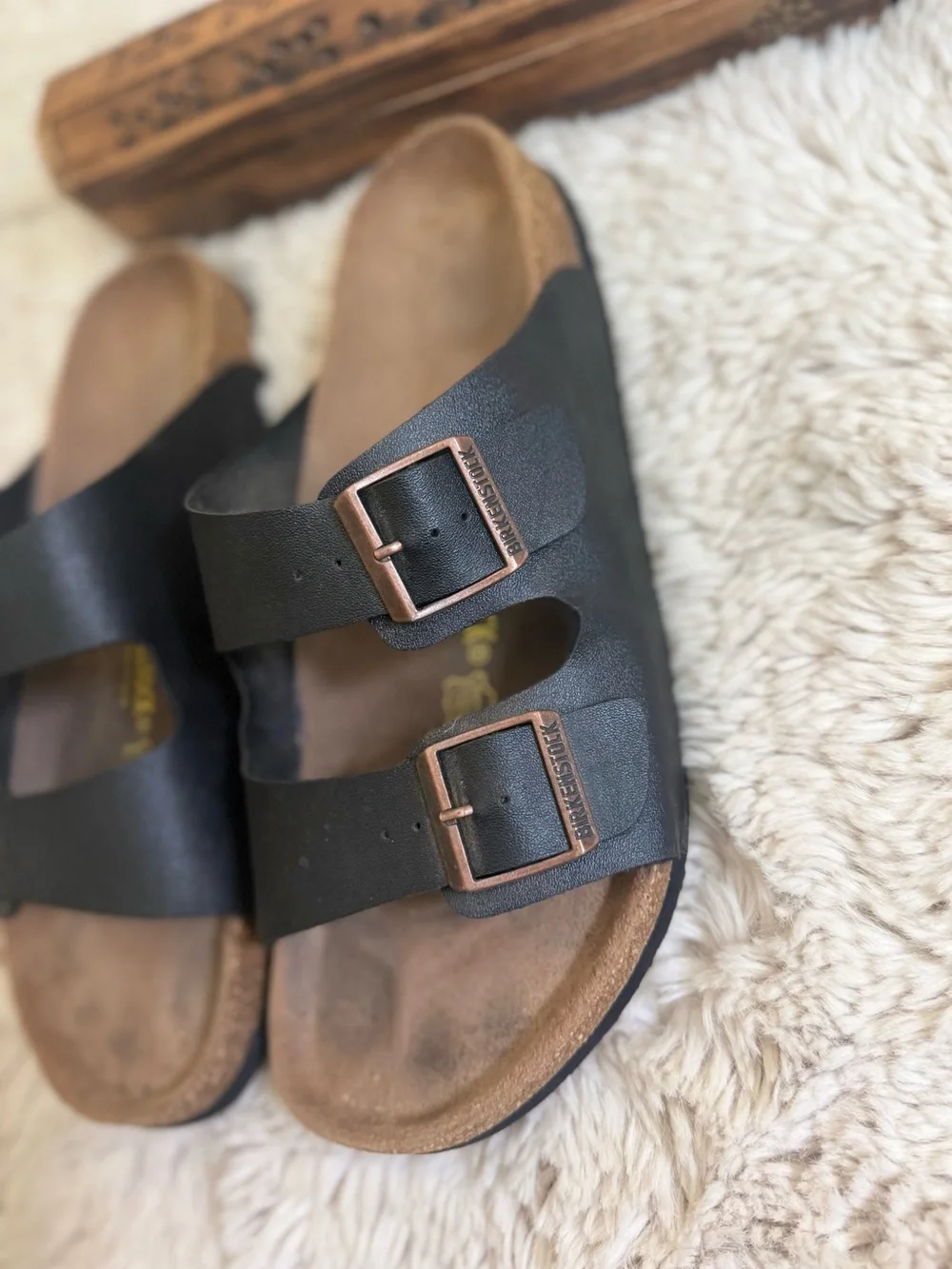 Birkenstock Men's Arizona  Black Leather Bronze Buckle  SZ 44 11M